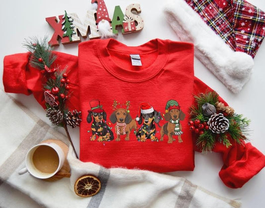 Dachshund Christmas Sweatshirt, Dog Lover Gift, Holiday Sweaters, Christmas Dachshund Hoodie, Christmas Crewneck, Dog Mom Sweatshirt, Xmas Hoodie Classic Cotton