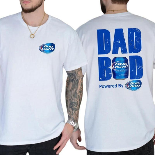 Dad Bod Powered By Bud Light T-shirt, Men's Beer Drinking Tees, Funny Graphic Design, Soft Cotton, Classic Fit, Perfect For Fathers, Ideal For Casual Wear, For Men, Trendy Apparel