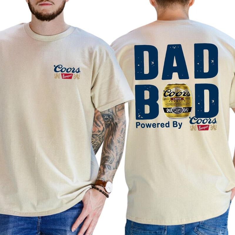 Dad Bod Powered By Coors Banquet Original Tshirt 2 Sided, Funny Drinking Tee for Daddy, Casual Cotton Top, Classic Menswear