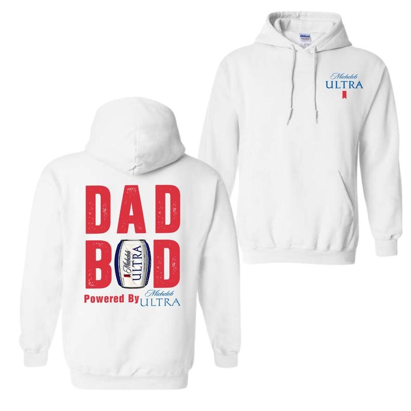 Dad Bod Powered By Michelob Ultra Hoodie Sweatshirt T-Shirt, Drink Shirt for Men, Beer Drinking Tee for Daddy, Classic Casual Menswear
