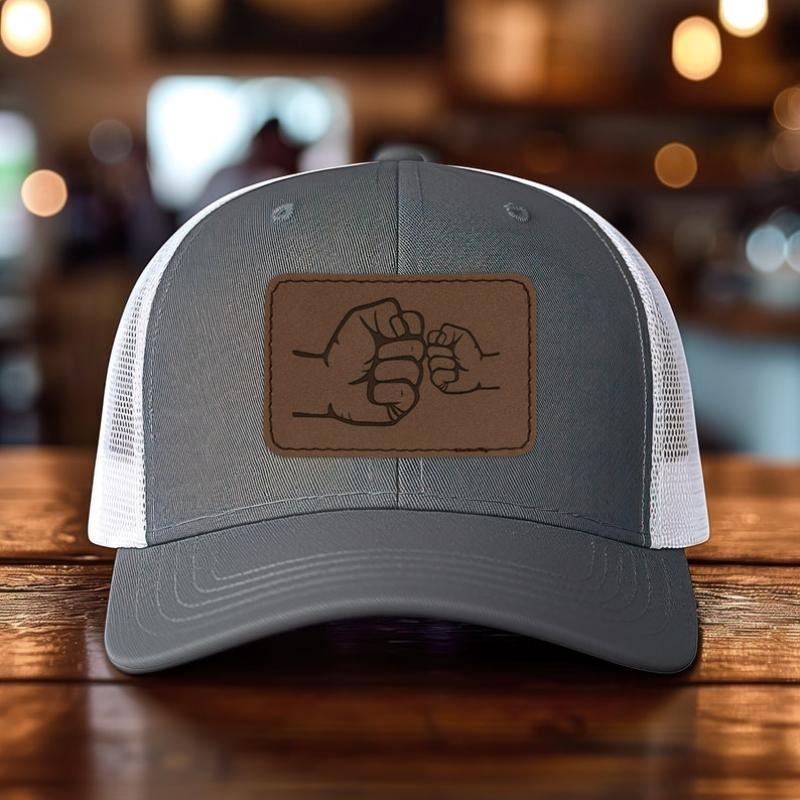 Dad Fist Bump Mesh Back Trucker Cap Engraved Faux-Leather Patch Adjustable Hat, Hat for Dad, Father's Day Gift