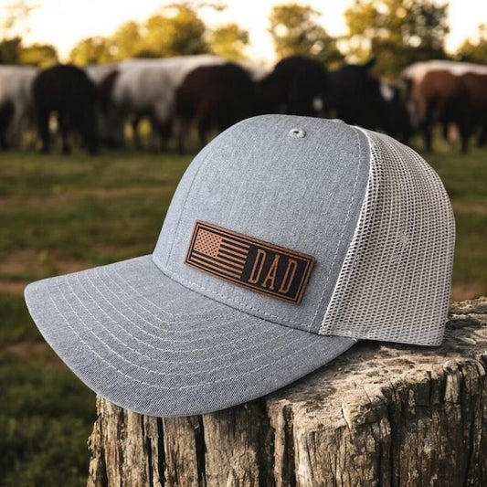 Dad Hat with American Flag, Custom US Flag Hats, Trucker Hat with monogram, Snapback Leather Patch Richardson 112 Hat, Fathers Day Hat