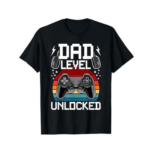 Dad Level Unlocked Gaming T-Shirt, 100% Cotton, Casual Crew Neck, Slight Stretch, All-Season Knit Fabric, Regular Fit, with Printed Video Game Controller and Sound Effects, for Adults made in usa