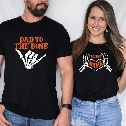 Dad To The Bone T-Shirt, Haunt Mama Shirt, Matching Parents Tees, Funny Skeleton Halloween Shirt, Family Halloween Party Gift Tee.