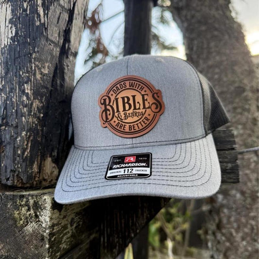 Dads with Bibles and Beards Hat, Leather Patch Dad Hat, Richardson 112 Trucker Cap, Christian Father's Day Gift, Beard Dad Hat