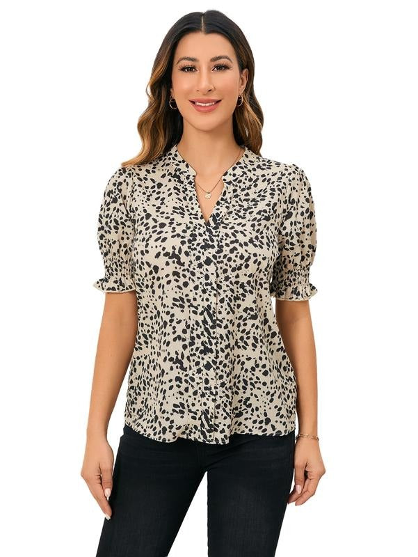 Dalmatian Print Puff Short Sleeve Blouse Notched V Neck Shirt Work Tops