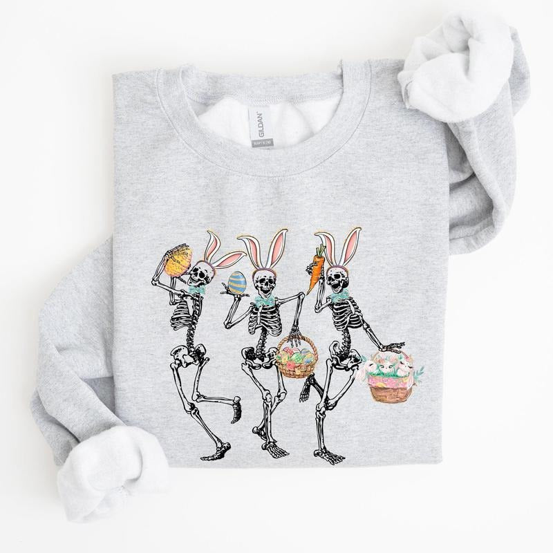 Dancing Easter Skeleton, Rabbit, Bunnies Sweatshirt, Women's Crew Neck, Crewneck