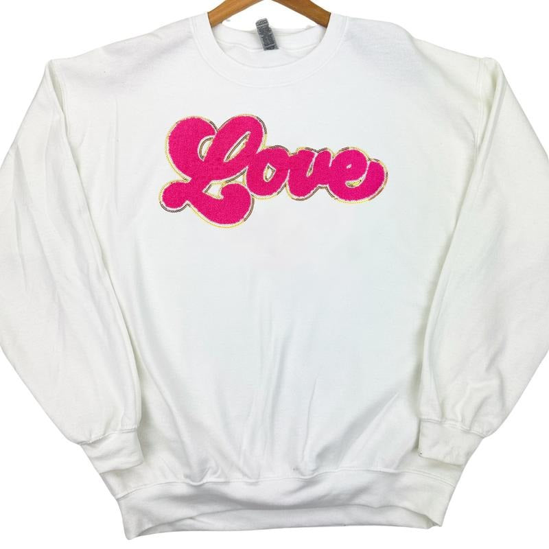 Dark Pink Chenille Love Patch Sweatshirt on White