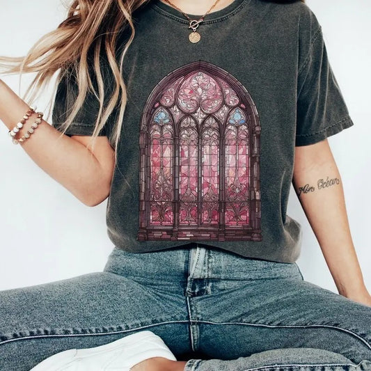 Dark academia halloween shirt, pink gothic aesthetic shirt, stained glass cathedral vampire tshirt, witchy , haunted house tshirt
