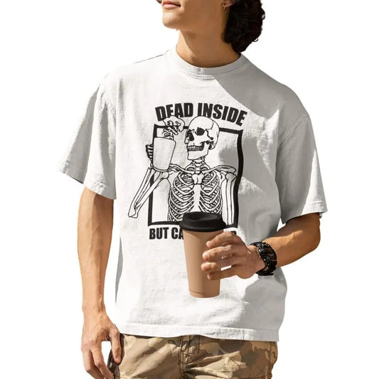 Dead Inside But Caffeinated Skeleton Drinking Coffee Funny T-Shirt