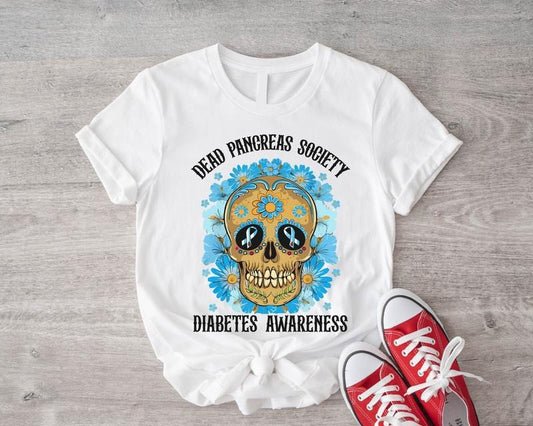 Dead Pancreas Society Shirt, Diabetes Awareness T-Shirt, Floral Skull Diabetic Gift Shirt, Matching Pancreas Warriors, Blue Ribbon Support Tee