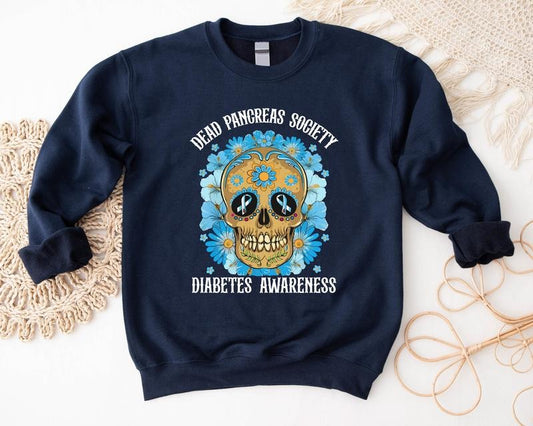 Dead Pancreas Society Sweatshirt, Diabetes Awareness Hoodie, Floral Skull Diabetic Gift Sweater, Matching Pancreas Warriors, Blue Ribbon Support Hoodie.