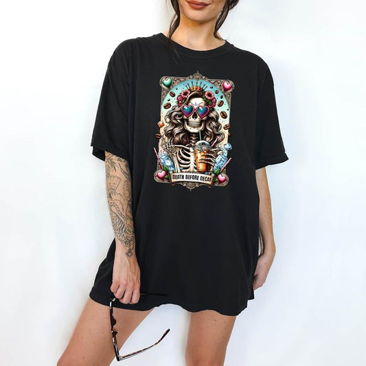 Death Before Decaf  - T-Shirt, Unisex T-Shirt, Funny Graphic Tarot Tee, Comfortable Shirt, Dark Humor
