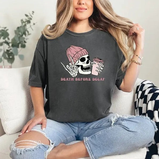 Death Before Decaf Coffee Shirt, Funny Coffee Shirt, Funny Birthday Gifts, Coffee Lover, Rock On Skeleton Hand