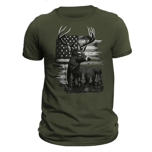 Deer Hunter American Hunting Flag Men's T-Shirt Casual Classic