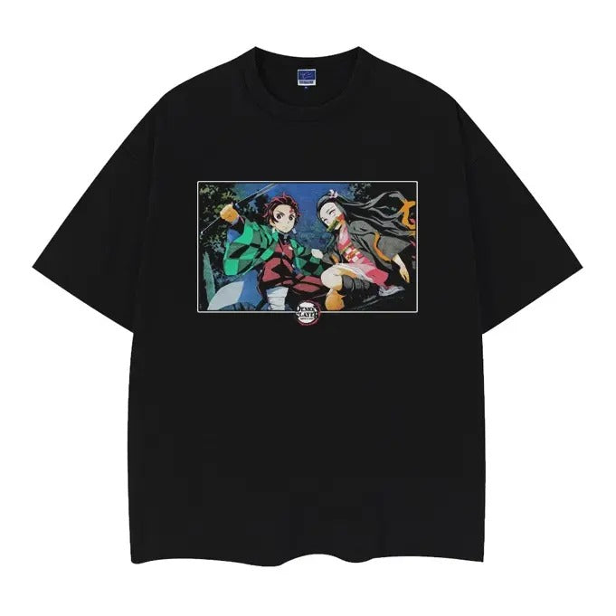 Demon Slayer "Brother and Sister" Heavyweight Vintage Tee 100% Cotton OVERSIZED Anime T-shirt Menswear Top Casual Streetwear Black Baggy Tshirt Tropical