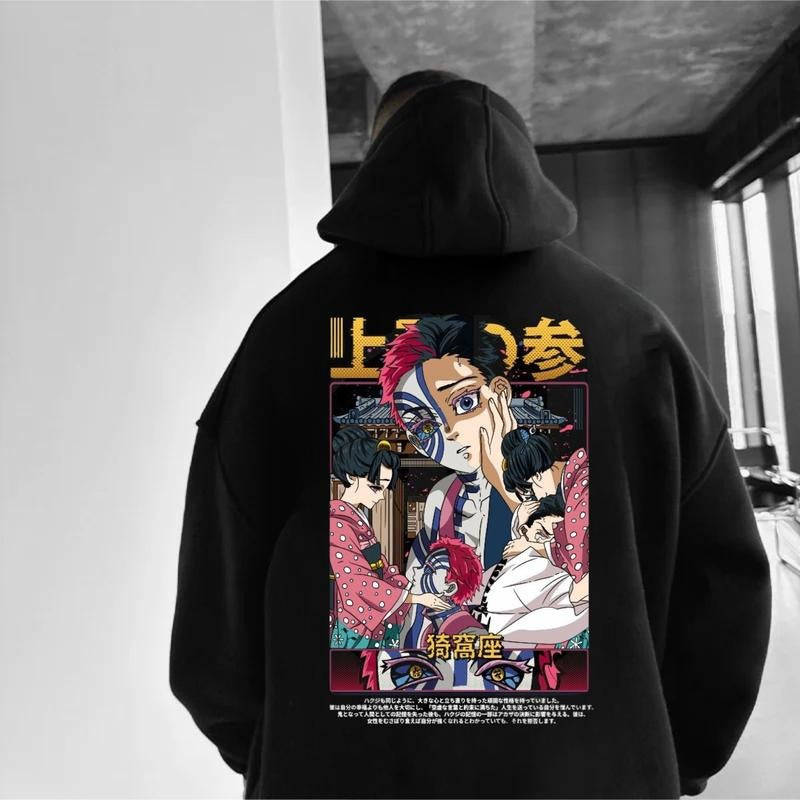Demon Slayer Akaza Demon Hoodie - 90s Anime Graphic Tee with Japanese Text, Black Color, Ideal for Fans and Anime Lovers - Classic