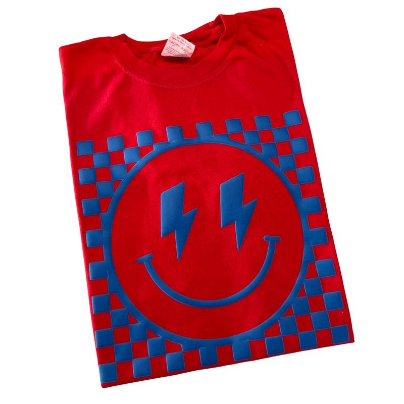 Denim Puff Checkered Happy Face Comfort Colors T-Shirt