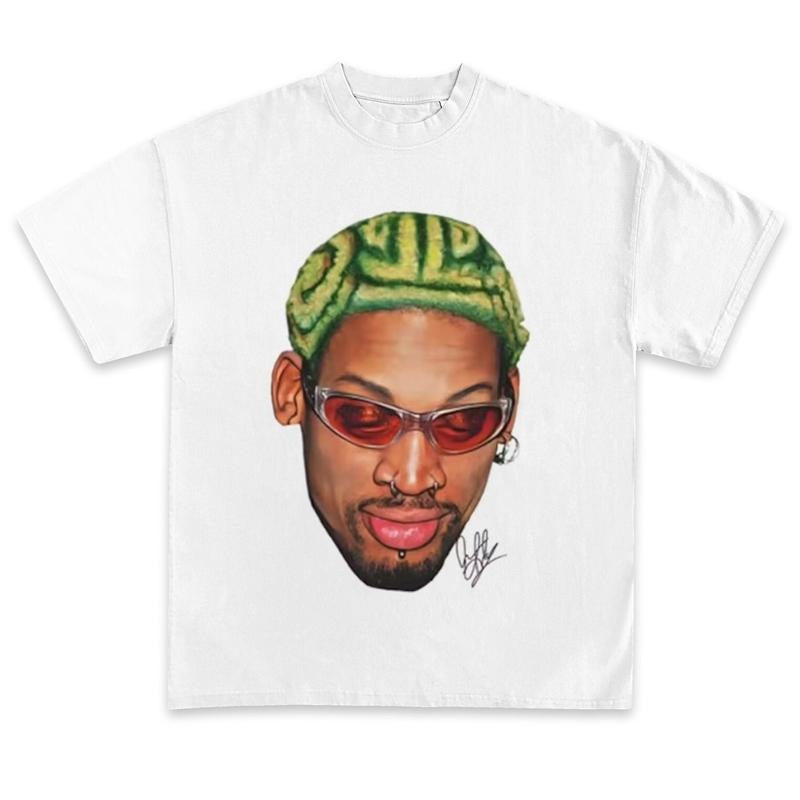 Dennis Rodman Graphic T-shirt - Big Face Zig Zag Green Hair Inspired Vintage Lengend Basketball Sreetwear 90s Style Heavy Cotton Tee Shirt Hiphop Vibes Y2K Classic Menswear Top