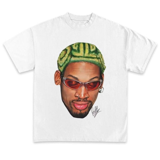 Dennis Rodman Graphic T-shirt - Big Face Zig Zag Green Hair Inspired Vintage Lengend Basketball Sreetwear 90s Style Heavy Cotton Tee Shirt Hiphop Vibes Y2K Classic Menswear Top