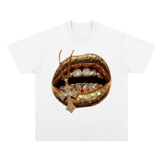 Desert Gold Art Diamond Lips Print T-Shirt, Vintage Graphic Tee, Y2k Clothing, Unisex Cotton Crewneck T-Shirt Menswear Womenswear Underwear Streetwear Top