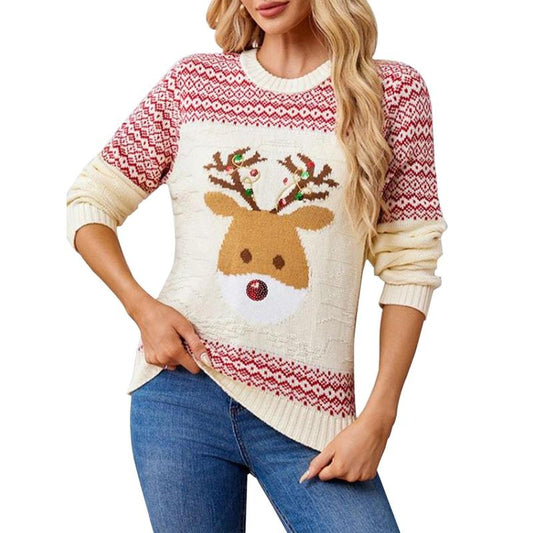 Women's Christmas Sweaters Reindeer/Diamond Drop Shoulder Long Sleeve Round Neck Ribbed Knitted Tops