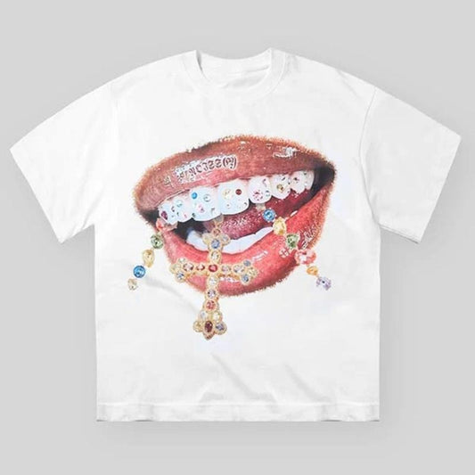 Diamond Teeth Cross Print T-Shirt, Grillz T-Shirt, Vintage T-Shirt, Y2k Graphic Tee, Y2k Clothing, Unisex Cotton Crewneck T-Shirt Menswear Womenswear Underwear Streetwear Top Summer    Tropical Casual