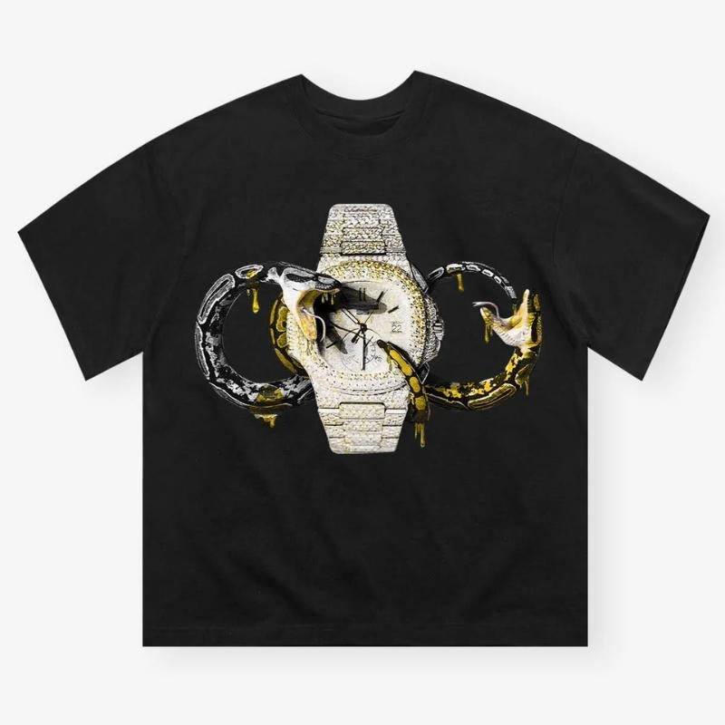 Diamond Watch & Snake Print T-shirt, Vintage Graphic Tee, Y2k Clothing, Unisex Cotton Crewneck T-Shirt - Medium, Short Sleeve, Casual Streetwear Printed Tee