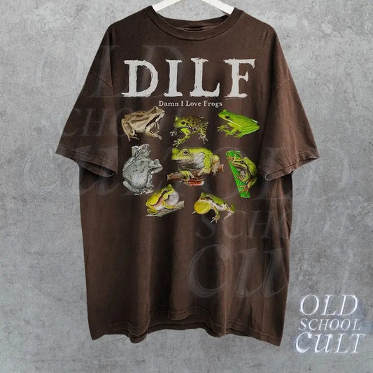Dilf Damn I Love Frogs Frog 90s Vintage Graphic Shirt, Retro Toad Tee, Nature Shirt, 2000s Funny Frog Shirt, Unisex Adult Relaxed Cotton Tee