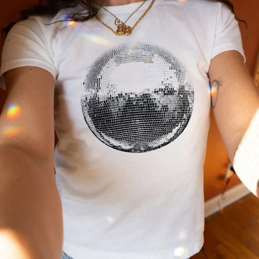 Disco Ball 90s Baby Tee, Mirror Ball Tee, Women's Fitted Tee, Unisex Shirt, Y2K Clothing, Trendy Top, Retro Shirt, Y2K 90s Baby Tee