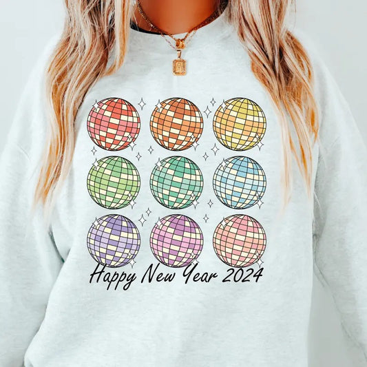 Disco Ball Pattern Happy New Year Causal Sweatshirt Unisex Fit Womenswear Hoodie