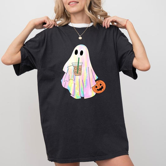 Disco Iridescent Ghost Halloween Comfort Colors Shirt, Iridescent Ghost With Coffee Unhinged Tees, Spooky Season Halloween Graphic Oversized Tee