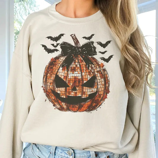 Disco Pumpkin Jack O Lantern Sweatshirt Halloween Pumpkin Pullover Disco Pumpkin Halloween Sweatshirt Coquette Jack O Lantern Pullover Womens Girly Halloween Sweatshirt