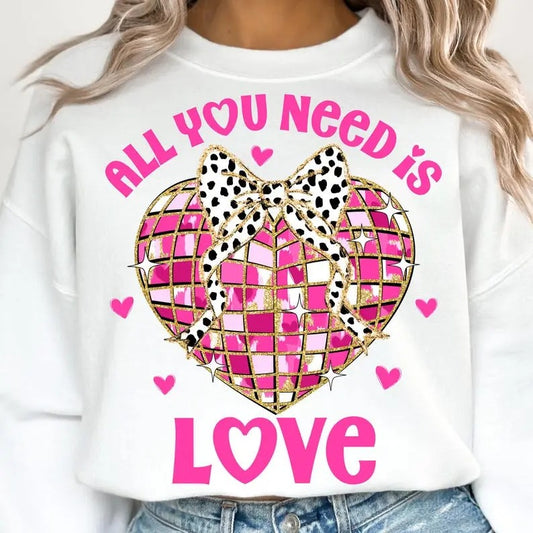 Disco Valentine Coquette Bow Heart Sweatshirt, Glitter Valentine Heart Sweatshirt, Valentine Sweatshirt, All You Need Is Love, Valentine Coquette Sweatshirt