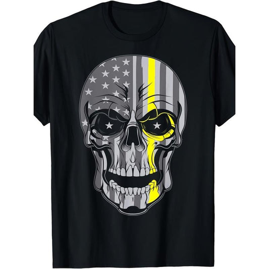 Dispatcher Thin Yellow Line American Flag Skull Gift Printed T-shirt Comfortable Breathable, Soft, Casual Short Sleeve, Daily Wear, All Season, Black Men Made in USA
