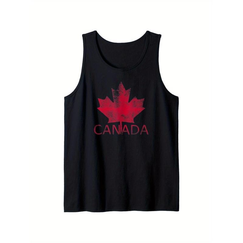 Distressed Canada Flag Maple Leaf In Red Tank Top, 100% Cotton, Single-Side Printed Black Sleeveless Tank Top, Happy Easter Gift for Family Friends, S-XXXL, 1pc, Fabric Weight 180g