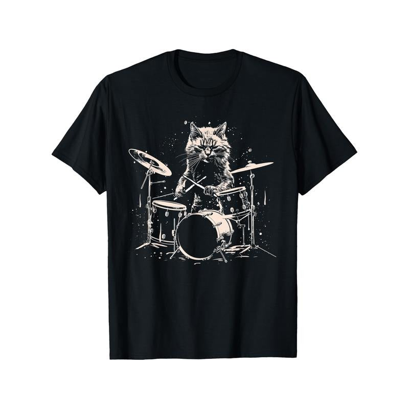 Distressed Cat Playing Guitar Punk Rock & Roll Funny Drummer T-Shirt Selected pure cotton   short sleeve t-shirt for men, soft and breathable, suitable for all seasons, comfortable, casual and sports, Halloween and Christmas gift  made in usa