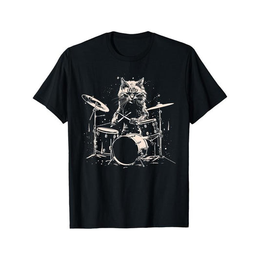 Distressed Cat Playing Guitar Punk Rock & Roll Funny Drummer T-Shirt Selected pure cotton   short sleeve t-shirt for men, soft and breathable, suitable for all seasons, comfortable, casual and sports, Halloween and Christmas gift  made in usa