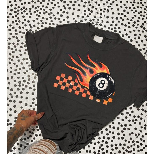 Distressed Checkers & Flames 8 Ball Tee, Graphic Crewneck shirt, cowgirl outfits, western clothing, western tops outfits women, country concert outfits clothing, rodeo outfit women shirt hoodie