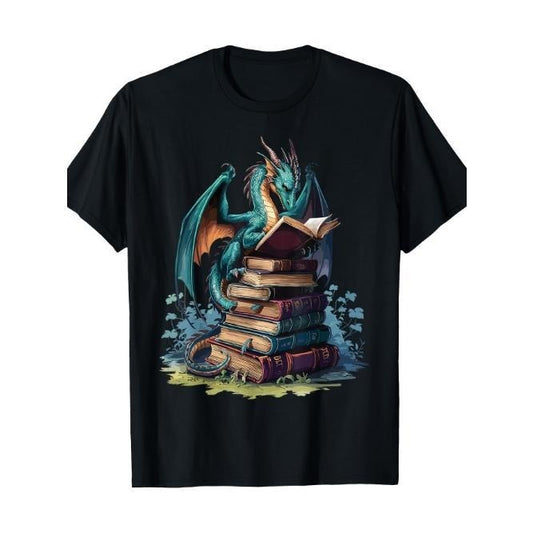 Distressed Dragons And Books Dragons Reading Book Lover T-Shirt Made in USA