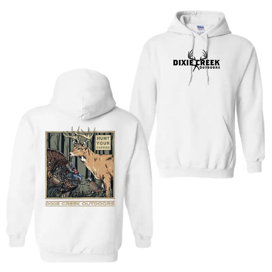 Dixie Creek Outdoors Menswear Hoodie and T-Shirt - Hunt Your Passion with Bold Deer and Turkey Hunting Graphic, Perfect for Outdoor Enthusiasts