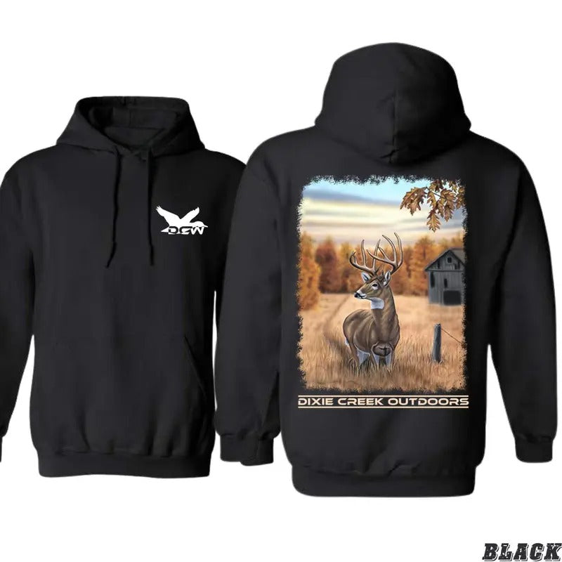 Dixie Creek Outdoors T-shirt Sweatshirt Hoodie - Majestic Deer Autumn Scene, country boy clothes, Perfect for Outdoor Adventures and Nature Lovers, Ideal for Fall and Winter, Hoodie for Men, Hoodie for Women, High-Quality Material Menswear Sweaters