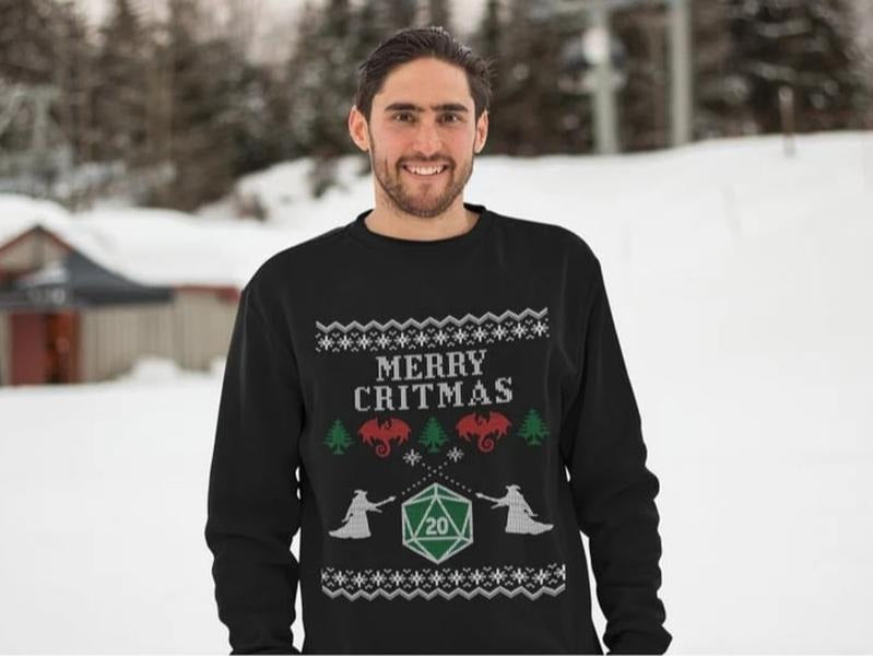 DnD Ugly Christmas Sweatshirt - Merry Critmas with D20, Wizards & Dragons - Festive Gift for RPG Lovers, Dungeons and Dragonns Sweatshirt