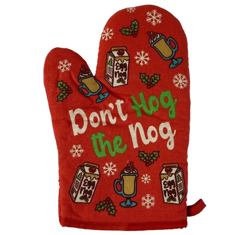 Don't Hog The Nog Oven Mitt Funny Christmas Tradition Eggnog Chefs Kitchen Glove Funny Graphic Kitchenwear Christmas  Novelty Cookware Red