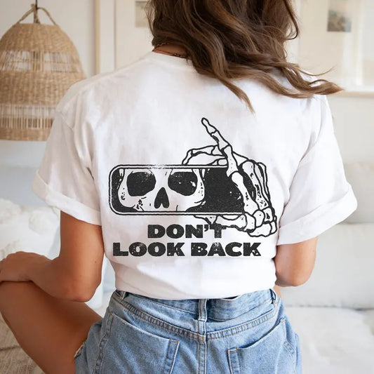 Don't Look Back Skeleton Oversized TShirt, Graphic Tees For Women, Boho Shirt, Plus Size Halloween Shirt, Skull Shirt