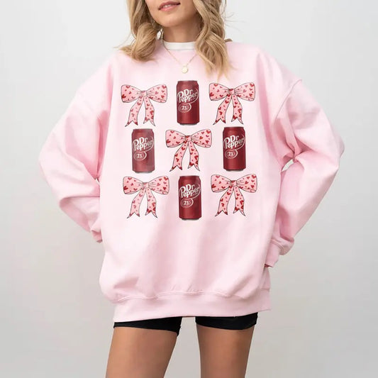 Dr Pepper Coquette Bow Pink Sweatshirt, Retro Soda Dr Pepper Shirt, Gift for love one, Classic Cotton Crewneck Graphic Shirt, Full Size and Full Color