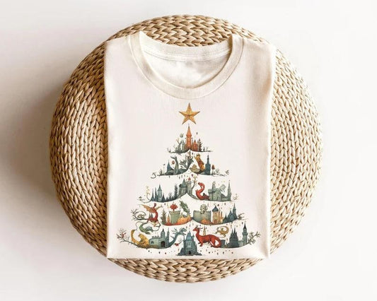 Dragon Christmas Tree Shirt. Unique Graphic T-shirt Tshirt Tee. Retro Style Illustration Art. Mythical Cryptid Fantasy Fairy Imaginary RPG.