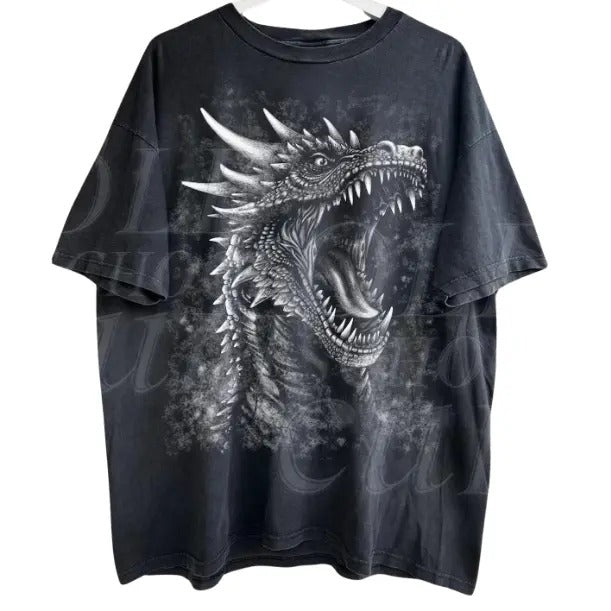 Dragon Fantasy Vintage Graphic Shirt, Retro Dragon Shirt, Gothic Y2k Shirt, Dark Art Grunge Castle Dragon Gothic Shirt, Gift, Menswear