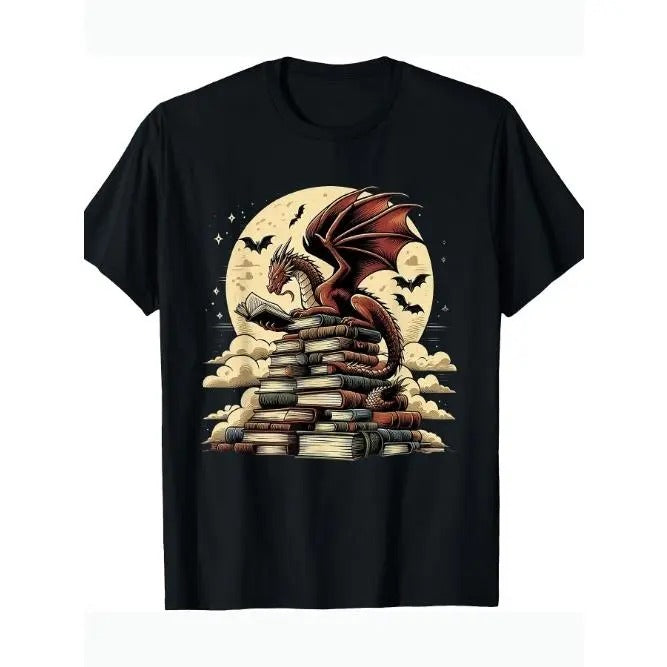 Dragon Reading A Book Dragons And Books Lover Bookworm T-Shirt Made in USA