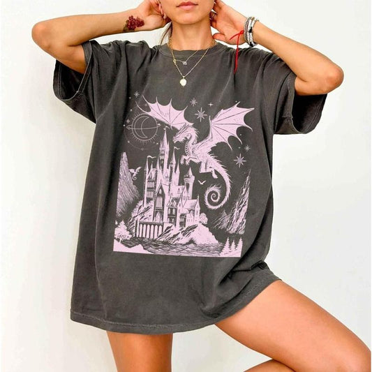 Dragon Shirt, Vintage Dragon Shirt, Dark Medieval Shirt, Artsy Shirt, Gift for Fantasy Reader, Castlecore Dragon Lover Gift, Soft Casual Cotton